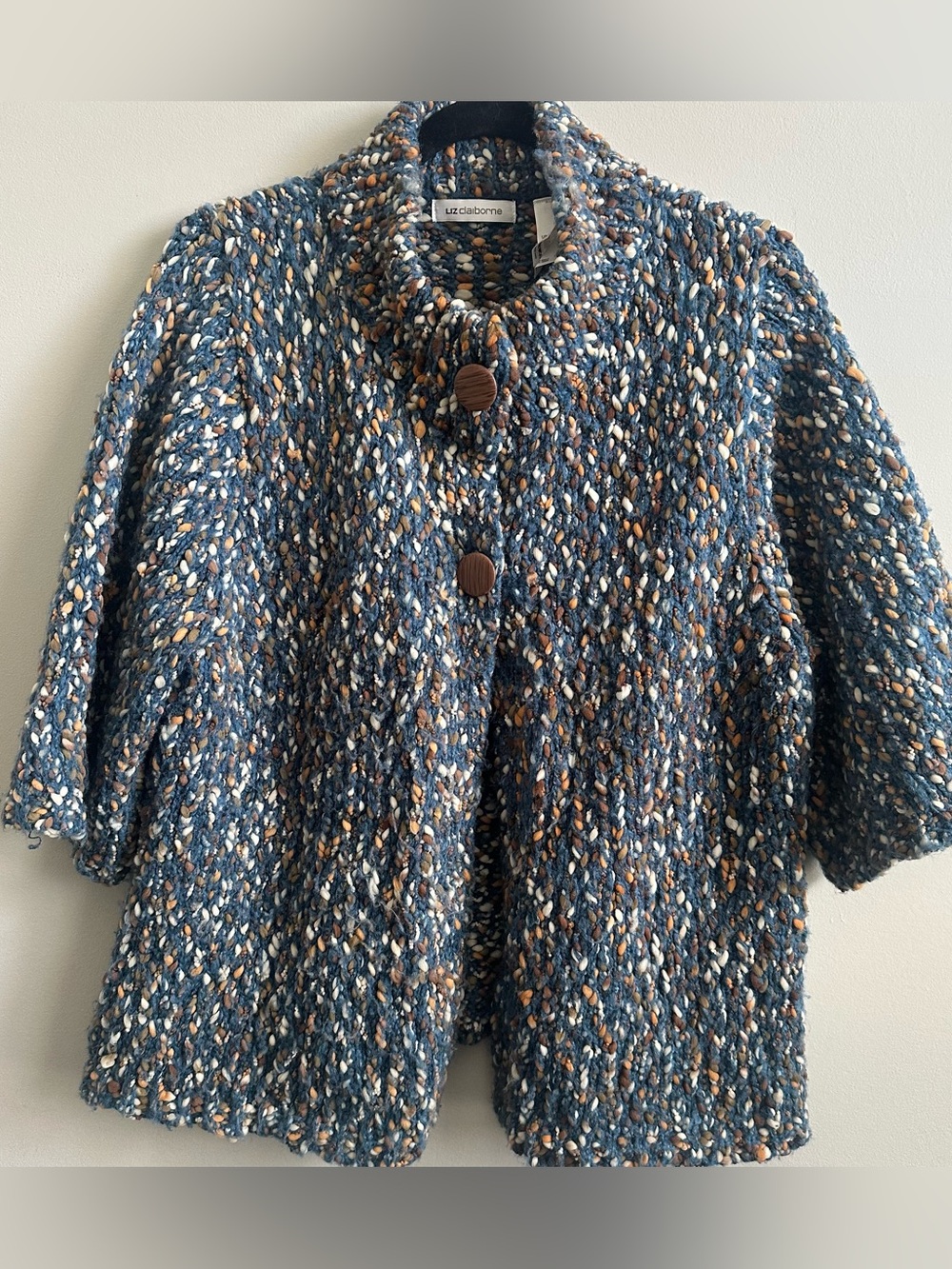 Vintage Liz Claiborne Chunky Marled Knit Cardigan Blue Multi Wood Buttons (XL)